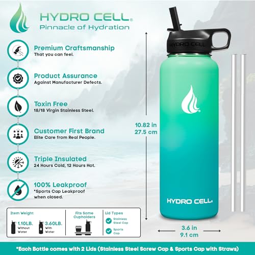 Image of HYDRO CELL Stainless Steel Insulated Water Bottle with Straw - For Cold & Hot Drinks - Metal Vacuum Flask with Screw Cap and Modern Leakproof Sport Thermos for Adults (Mint /Green 40oz)