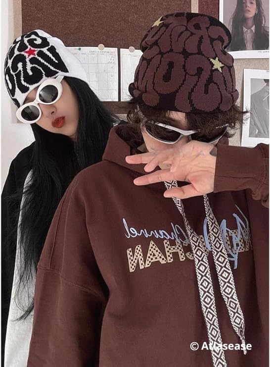 Image of Printed Beanie Hat, Beanies Y2K Winter Hats Streetwear Skull Cap Double-Layer Knitted Beanies Warm Knit Beanie, Hip Hop Streetwear Clothing