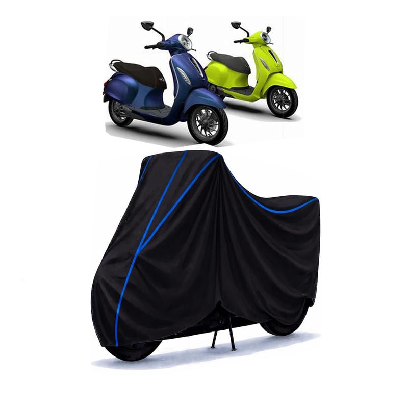 Image of Scooty Cover Water Resistant for Chetak Electric | Universal Scooter & Bike Cover | Heavy Duty UV Dust, Rain & Scratch Protection | Elastic Fit All Weather Indoor Outdoor | Black with Blue Piping