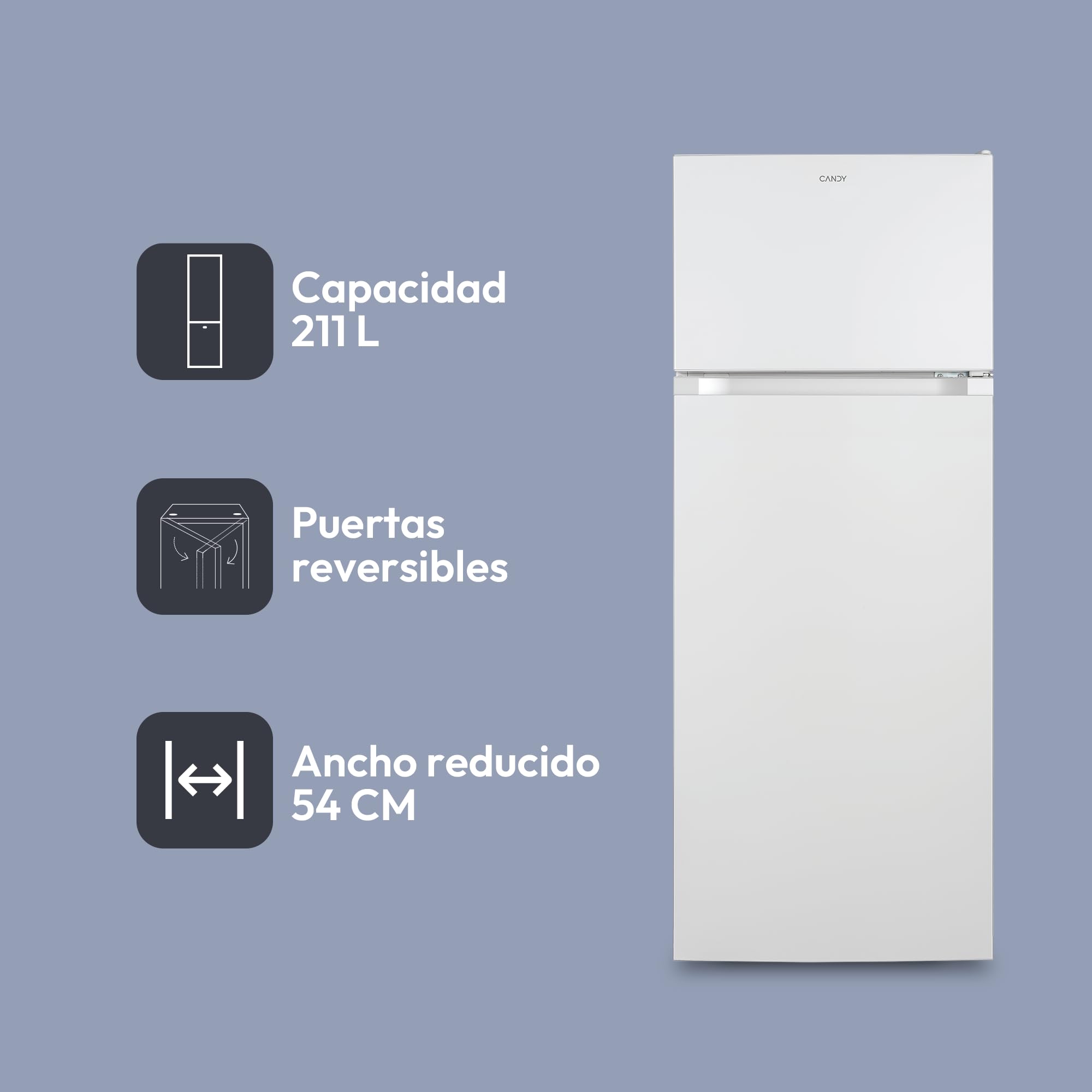 Candy CDG1S514EW - Frigorífico Combi, 211L, Cajón Verdulero, Iluminación LED, Puerta Reversible, 41DB, Alarma de Puerta, Ancho 55cm, Altura 1,45m, Blanco
