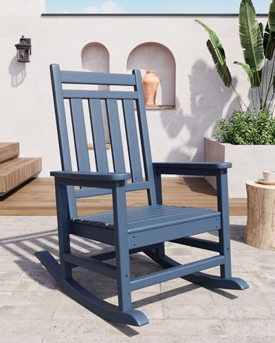 GarveeTech Silla Mecedora de HDPE para Jardín y Exteriores   Respaldo Alto, Estilo Adirondack, Resistente a Todo Clima, Diseño Ergonómico, Imitación Madera Ideal para Patio, Porche o Terraza   Azul