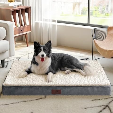 Figopage Dog Beds for Large Sized Dog, Orthopedic Large Dog Bed for Crate, Big Waterproof Dog Bed with Ultra Soft Sherpa Surface and Removable Cover, Egg Foam Medium Dog Pet Bed Mat Cover