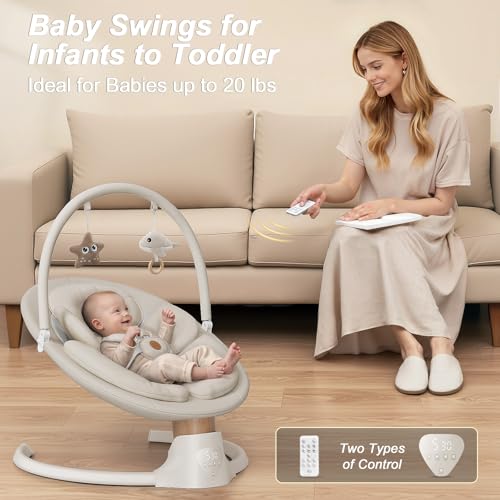 Image of Baby Swings for Infants, FasonBaby Electric Baby Swing with Music Speaker, 5 Speeds, Remote Control and Bluetooth - Portable Infant Swing for Indoor and Outdoor (Beige)