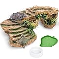Hamiledyi Turtles Basking Platform 3Pcs Resin Bearded Dragons Climbing Step Ramp Tortoise Resting Dock Rock Hideout with Feeder Bowls for Reptile Lizards Chameleons Geckos Frogs Newts Snakes