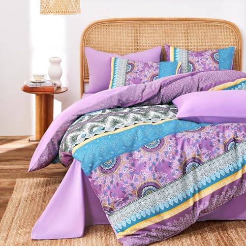 Image of Wake In Cloud - Boho Comforter Set, Bohemian Chic Colorful Medallion with Geometric Botanical Flowers and Horizontal Stripes, Soft Lightweight Bedding, 3 Pieces, Purple, King Size