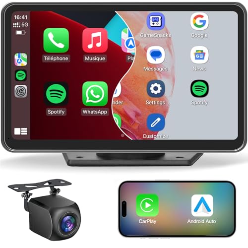 MRSXWPY CarPlay Voiture, Portable CarPlay & Android Auto sans Fil avec 1080P Caméra de Recul, 7