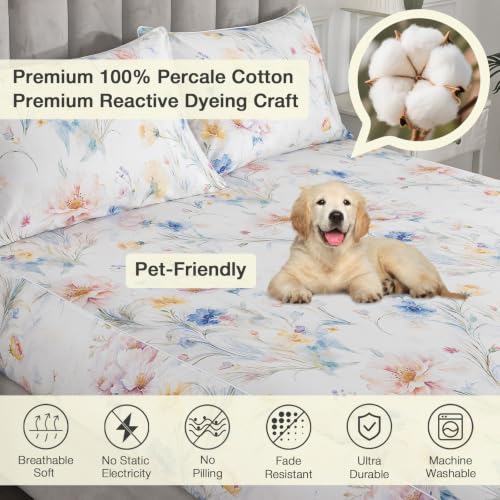 Image of Vintage Blue Floral Percale Bed Sheets Full Size Deep Pocket, 4Pcs | 100% Cotton Patterned Farmhouse Sheet Set, Peony Print Shabby Chic White Sheets, Luxury Toile Bedding, Wildflower, Soft Crisp