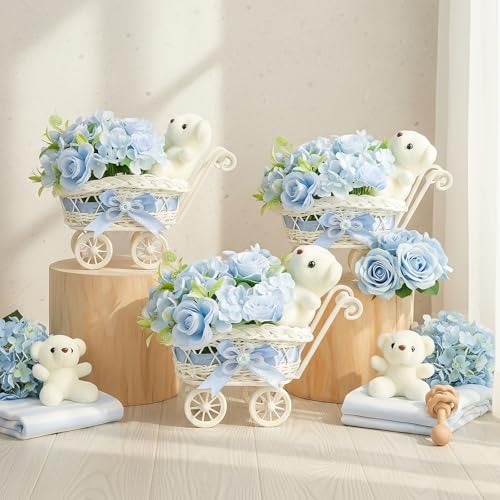 ACMEE 3 Pack Wicker Baby Carriage for Baby Shower - Wicker Basket Stroller Table Centerpieces Floral Arrangement with Bouquet and Bear Baby Shower Centerpieces Ideal for Baby Shower Party Decor Blue