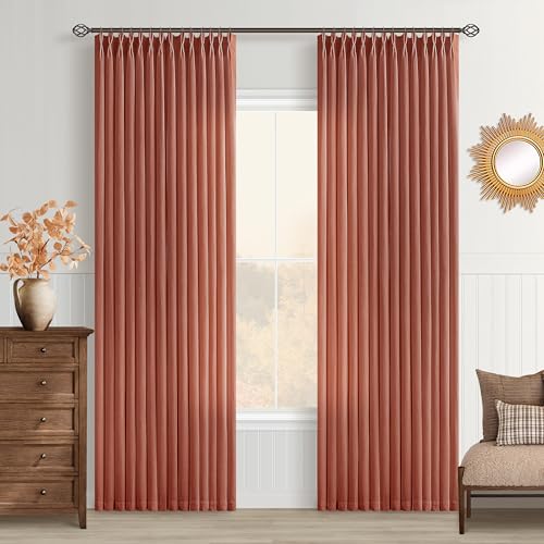 Image of Terracotta Pinch Pleat Semi Sheer Linen Curtains 84 Inch Long Rustic Drapes