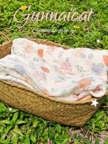 Image of Baby Swaddel Blanket Cotton Muslin Thick Crib Bedding Dotted Backing Double Layer Receiving Blanket 40 inchx40 inch (Strawberry Flower)
