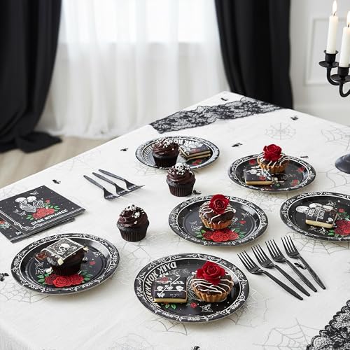 G1ngtar 96Pcs Dark Romance Book Lover Skull Rose Black Gothic Party Plates Supplies Tableware Decorations Disposable Paper Plates Napkins Forks for Birthday, Serves 24 - image 6