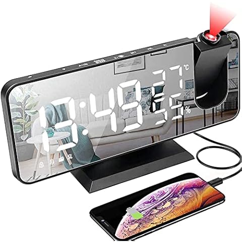 Ciuitixi Projector Digital Alarm Clock with FM Radio, 7.3 LED Mirror Screen Big Digit, 180° Projection Modern Surface Snooze Function/2 Sounds/4 Dimmer/USB Phone Charger (Black) Cover