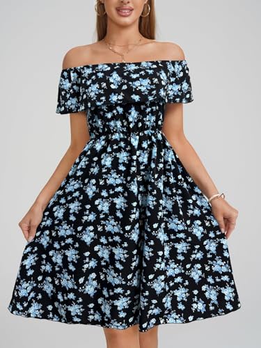 Image of Womens Off Shoulder Ruffle Floral Wedding Guest Dresses A Line Shift Short Skater Dress