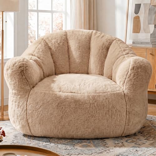 Image of Homkdom Giant Bean Bag Chair for Adults, Comfy Bean Bag Sofa with Armrests | Cozy Reading Chair & Stuffed Floor Sofa, Faux Fur Shell-Shaped Floor Chair for Living Room Napping, Gaming, Lounging, Brown