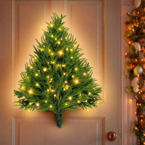 ElectricWise 2FT Wall Hanging Christmas Tree with Led Lights, Pre lit Norfolk Pine Artificial Flat Wall Christmas Tree for Apartment, Cat Owners Xmas Decor