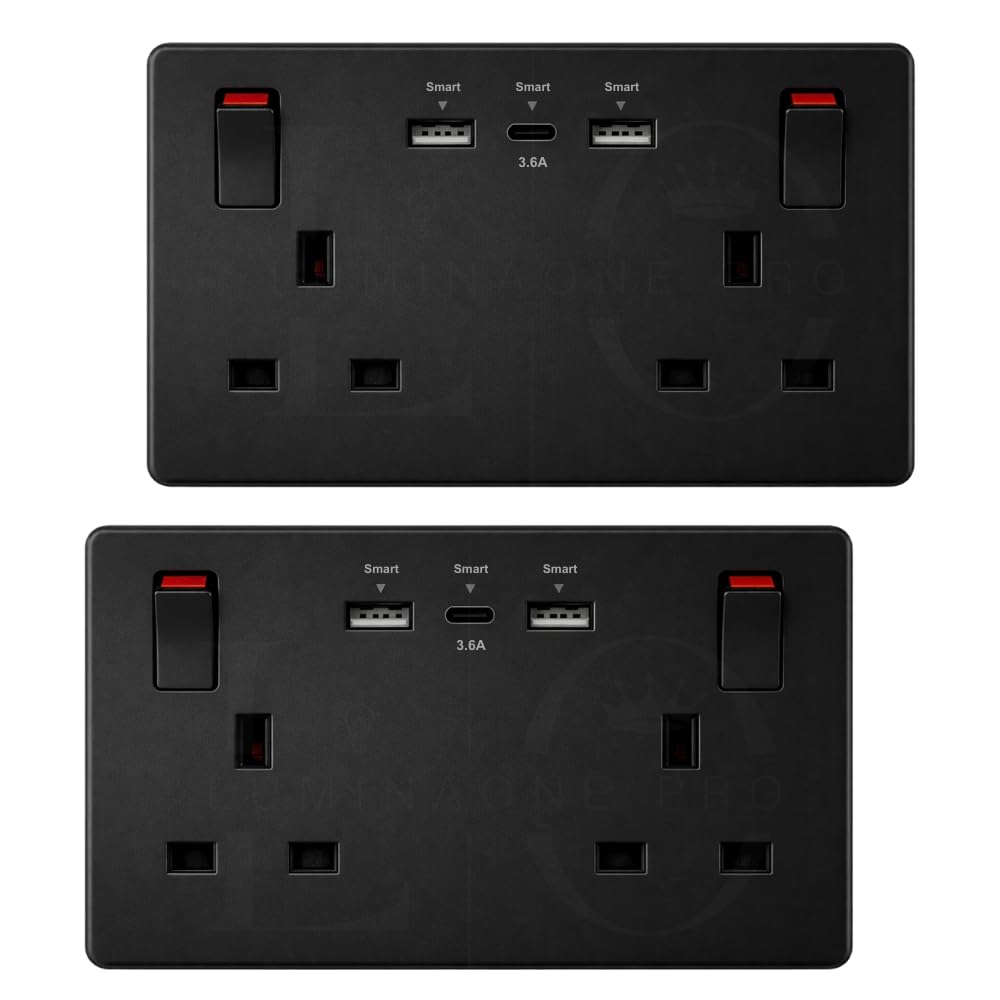 Double Switched Wall Plug Socket with USB-C & USB-A, 13A 2-Gang, 25W Combined Output, Screwless Matt Black (Use a 35mm-Deep Back Box) (2)
