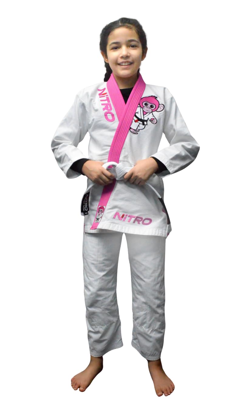Nitro Fight Wear - Girls Kids Premium BJJ Gi - FREE WHITE BELT - Pink Lapel - Lightweight - Monkey - Brazilian Jiu Jitsu Girl's Uniform (M1)
