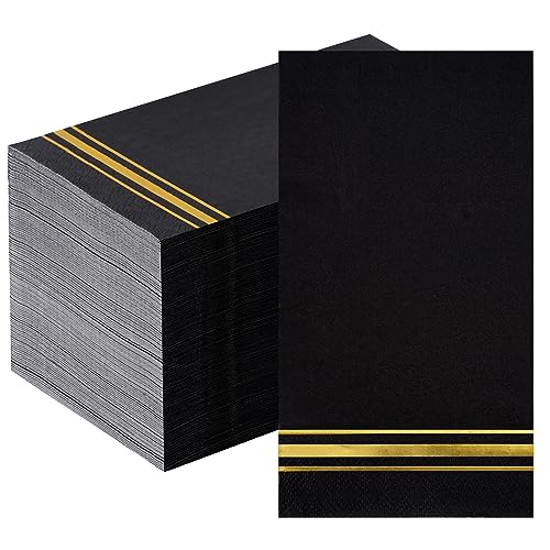Hunanyume 100pcs 3-Ply Black and Gold Paper Napkins Black Elegant Dinner Napkins Gold Foil Guest Napkins Disposable Hand Towels for Bathroom Kitchen Wedding Birthday Holiday Party