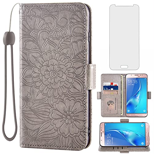 Compatible with Samsung Galaxy J5 2016 Wallet Case and Tempered Glass Screen Protector Card Holder Stand Magnetic Leather Flip Cell Phone Cover for Gaxaly J5 Duos 6 SM-J510MN Women Men Grey