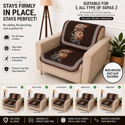 Image of Homerz 'Brooklyn Series' Premium Sofa Cover | Quilted Floral Design | Non-Slip Washable Sofa Protector | Soft Anti Slip Fabric (Ny Brown, 1 Seater, Seat Cover with Backrest)