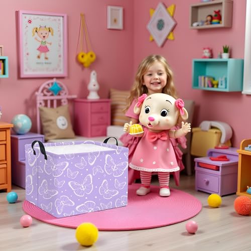 Image of Rectangular Kids Storage Basket Baby Storage Basket with Handles for Home Kitchen Girls Cute Toy Storage Bin Organizer Shelf Book Room Decor(Purple Butterfly)