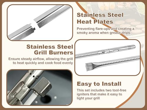 Image of BBQ-PLUS Grill Replacement for Charbroil Performance 2-Burner 463630021 463654022 463655621 463660421, 17 inch Cast Iron Cooking Grates, Stainless Steel Heat Plates, Burner Tubes & Igniters Parts Kit