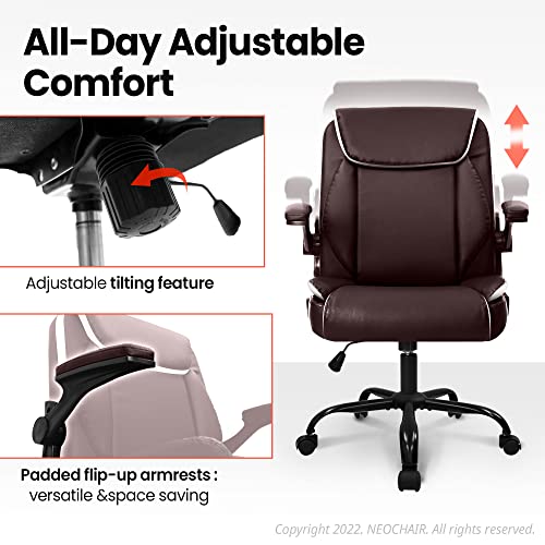 Neo Chair Office Chair Adjustable Desk Chair Mid Back Executive Desk Comfortable Pu Leather Chair Ergonomic Gaming Chair Back Support Home Computer Desk With Flip-Up Armrest Swivel Wheels (Brown) #TOP2