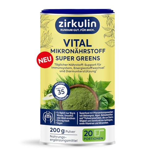 Zirkulin Vital Mikronährstoff Super Greens 200g Superfood mit Spirulina Weizengras & Chlorella - unterstützt das Immunsystem 35 Inhaltstoffe für Energiestoffwechsel & Darmgesundheit 20 Portionen
