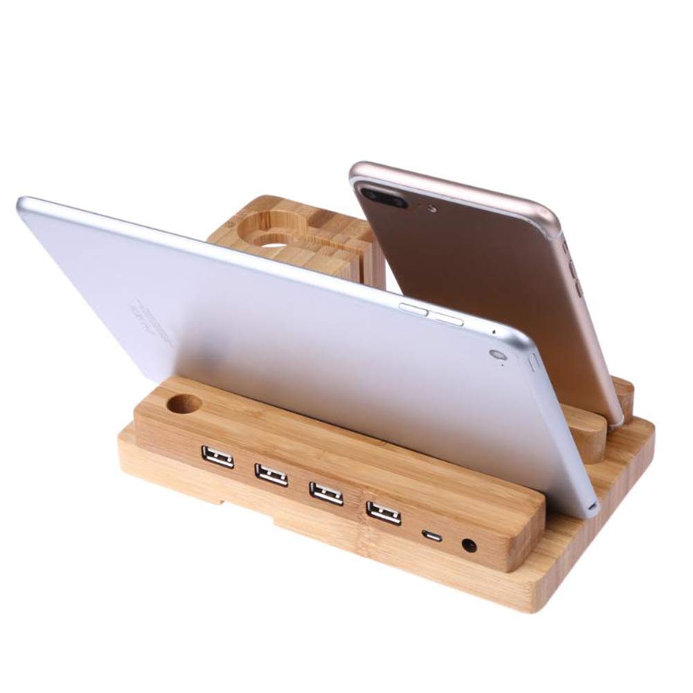 Bamboo Wood Charge Holder Docking Station Bracket, Premium Wood Cell Phone Stand Multiple Devices Organizer - for Mobile Phone Accessories