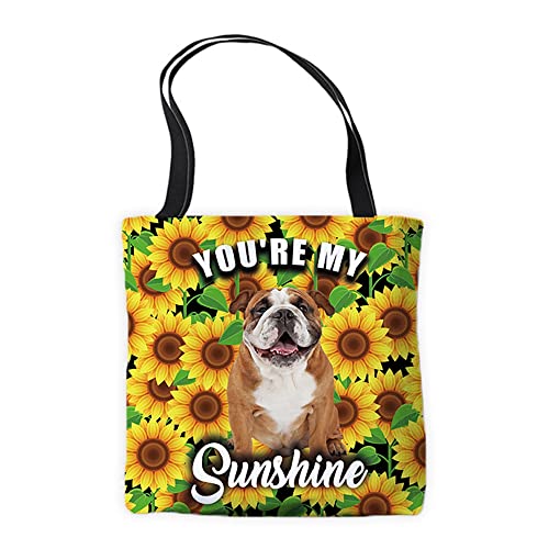 BAGEYOU Bolsa de hombro con diseño de girasol, diseño de bulldog inglés, con texto en inglés "You Are My Sunshine" para ir de compras Trval, Spanish Bulldog, 18x18inch/45x45cm