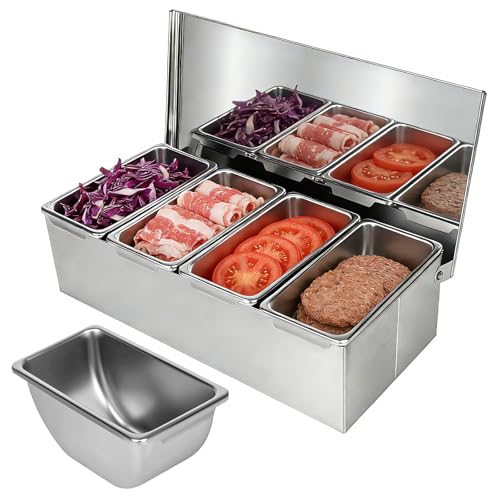 bssmmai Multi Zutatenbehälter mit Löffel Pizza Zutatenbehälter aus 304 Edelstahl mit 4 Fächern für Pizza-Belagstationen Salatstationen und Barbehälter Verwendet