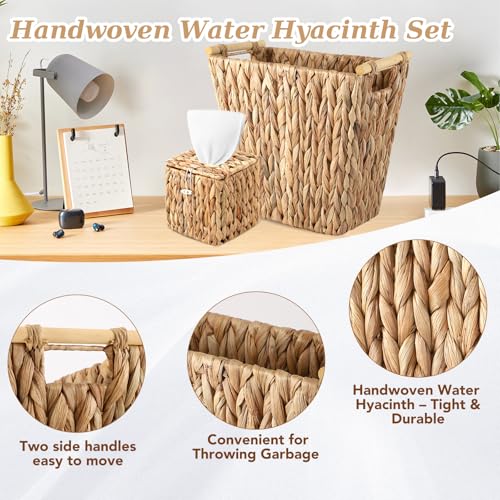 Image of Wicker Trash Can and Square Tissue Box Cover, 3.5 Gallon Water Hyacinth Bathroom Trash Can, Handwoven Napkin Holder, Narrow Small Waste Basket, Rustic Decorative Home Set for Bedroom, Bathroom, Office