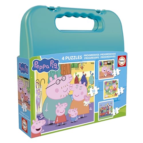 Educa - Peppa Pig | Set de 4 Puzzles Infantiles progresivos de 6 a 12 Piezas presentados en una fantástica Maleta | Medida aproximada: 16 x 16 cm. Recomendados a Partir de 3 años (20328)
