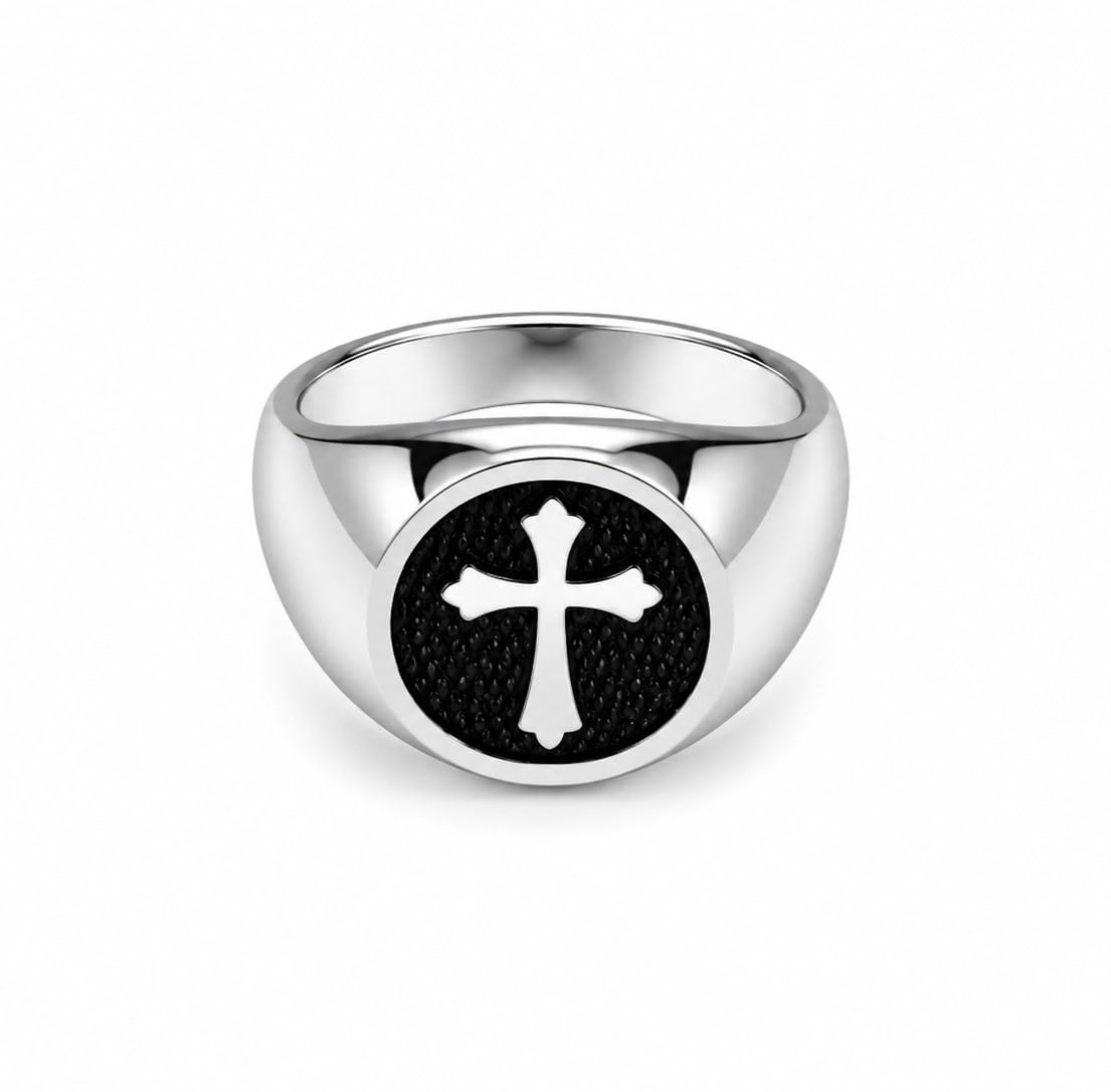 modeva "elevate your essence" Men's Stainless Steel Cross Signet Ring, Silver Tone with Black Textured Round Face, Gothic Christian Style-picture-29
