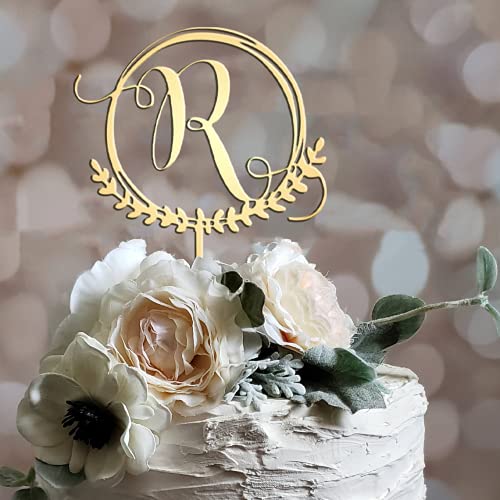 Utf4C Initials R Wedding Cake Topper Letter Monogram Wreath Mirror Gold Acrylic Cake Decor Rustic Gift Bridal Party Supplies Engagement Anniversary Cake Decorations Favors #TOP2