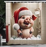 ABAKUHAUS Weihnachten Duschvorhang, Lustiges Schwein in der Dusche, Stoffliches Gewebe Badezimmerdekorationsset mit Haken, 175 x 180 cm, Zinnoberrot Schamesröte Eierschalenfarben
