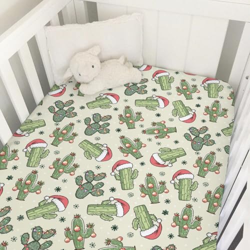 Image of Christmas Cactus Baby Crib Sheet 52''x28'' Desert Christmas Cactus Hats Snowflakes Fitted Crib Mattress Cover for Boy Girl Western Cactus Soft Baby Bed Sheets for Standard Crib and Toddler Mattress