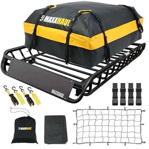 MaxxHaul 51210 Roof Rack Cargo Carrier Set Steel 46 x 36 Basket with 44 x 34 x 17 Roof Bag 36 x 60 Cargo Net and Two 1 x 15 ft Ratchet Straps 150 lb Capacity