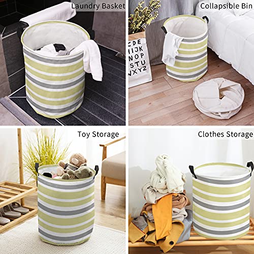 Laundry Hamper,Foldable Laundry Basket Yellow Gray And White Stripes Canvas Fabric Storage Organizer With Handles For Dirty Clothes,Home Storage #TOP3
