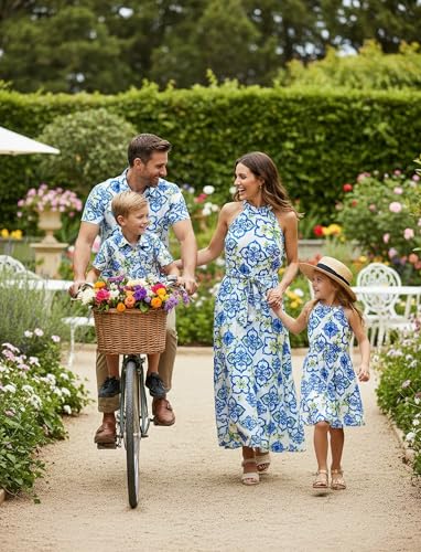 Image of PATPAT Family Hawaiian Matching Outfits - Mommy and Me Vacation Outfits | Halter Sundresses and Button Down Shirts,Caribbean Vacation Summer Tropical Outfits,Hawaiian Boho Tropical Floral Printed