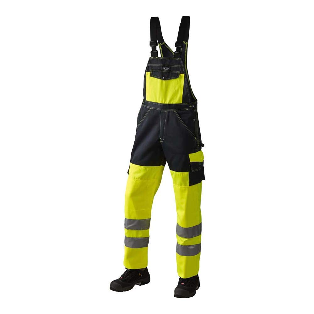 J.A.K. 1110785B080 Serie 11107 - Salopette in 70% poliestere, 30% cotone, EN 20471, classe 2, 46 L (32/35), colore: Giallo/Blu marino