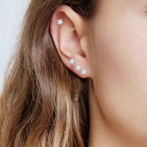 Hypoallergenic Star Earrings for Girls, S925 Sterling Sliver Stud Earrings For Women ARSKRO White Tiny Little Small Cute Fire Opal Earring Jewelry Gifts for Kids Sensitive Ears2