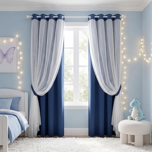 Image of MYSKY HOME Navy Blue Blackout Curtains for Kids Bedroom 52Wx95L,2 Panels | Blackout Curtains with Polka Dots Sheer Overlay, Grommet Room Darkening, for Girls Nursery Bedroom Living Room Decor
