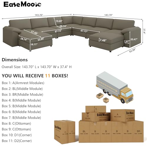 Image of EASE MOOSE Oversized U Shaped Couch,Modular Sectional Convertible Sofa with Wide Deep,Extra Large Faux Leather Scratch Resistant Modern Couch for Big Spaces Living Room,Light Grey