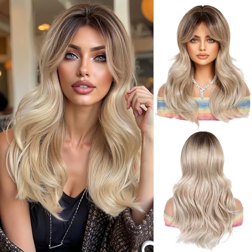 OUFEI Long Ombre Ash Blonde Wig With Curtain Bangs Natural Wavy Wigs for Women Natural Synthetic Hair Heat Resistant Wigs for Daily Party Cosplay Wear