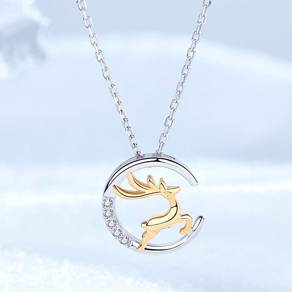 Collane La Combinazione Cervi e collane in Argento Luna per Donna, collane del Pendente clavicola squisita, Lunghezza Totale è 15,55 Pollici Collana da Donna (Color : A)