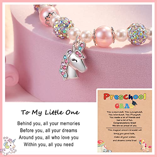 HGDEER Kindergarten/Preschool Graduation Gifts for Little One | Pink Pearl and Rhinestone Balls Unicorn Bracelet | Adjustable Length | Suitable for Daughter Granddaughter Niece2