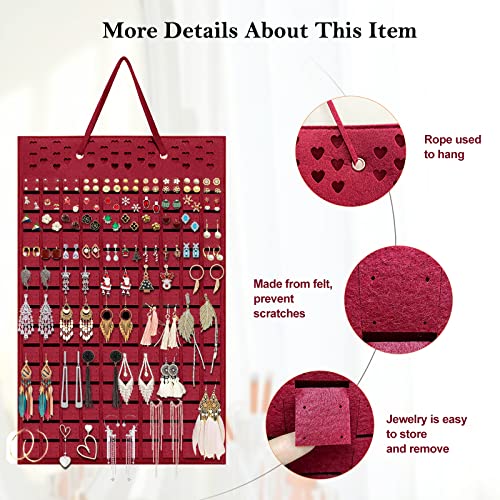 Yanmucy Earring Holder Organizer Hanging Holds Up to 300 works Wall Mount Jewelry Storage Bag Earring Holder For Girls Women (Red) - Image 4