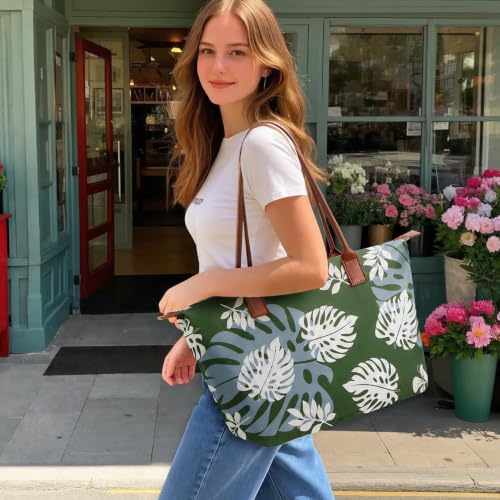 Image of Tote Bag for Women, Casual Hobo Foldable Shoulder Zipper Handbag | Water Repellent Nylon with Leather Handles Fit 15 inch Laptop for Work Weekender Travel Commute