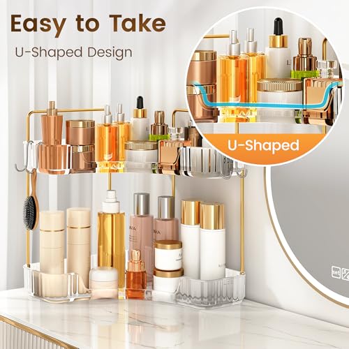 Image of Corner Bathroom Counter Organizer 2 Tier Bathroom Organizers and Storage Countertop with Hooks Skin Care Exquisite Vanity Organizer Countertop Bathroom Storage Dresser, Kitchen-Clear